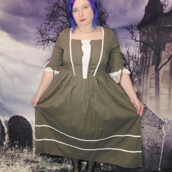 Scarlet Darkness olive green white trim whimsigoth colonial dress size L - Picture 6 of 6